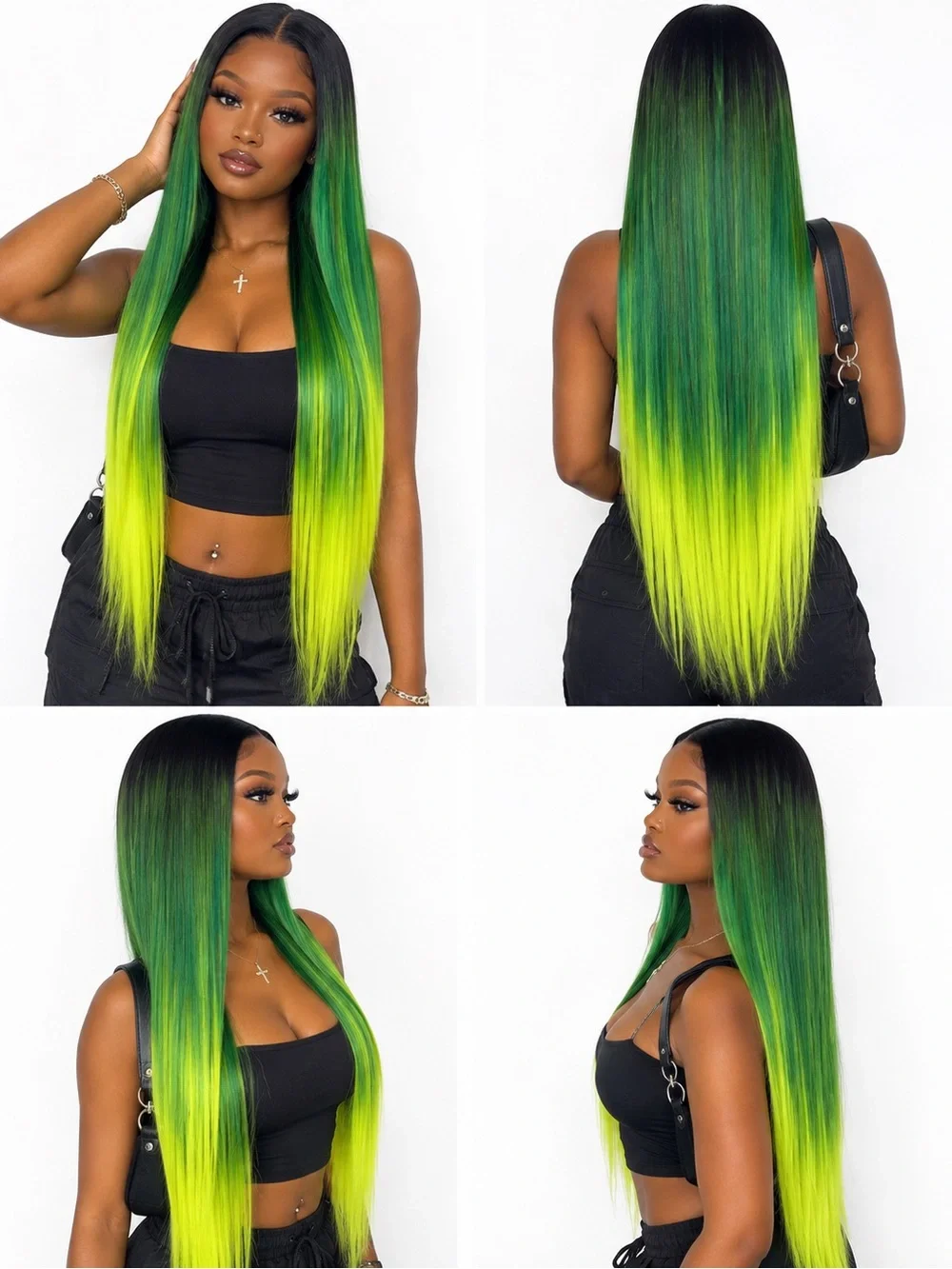 Vibrant Green Ombre Long Straight Women’s Wig middle part 26 inches long